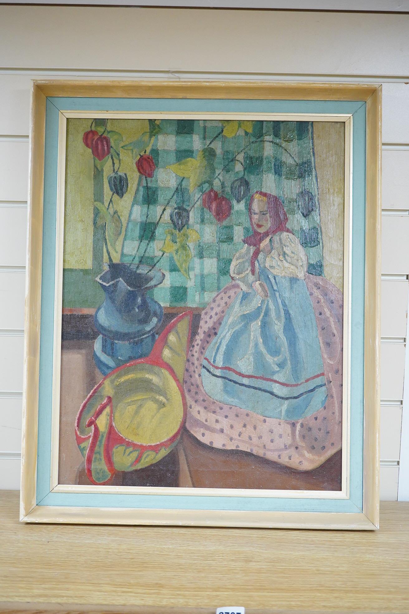 Zalman Pollen (ex. 1918), Still life with doll and flowers, unsigned, label verso, oil on canvas, 54 x 42cm